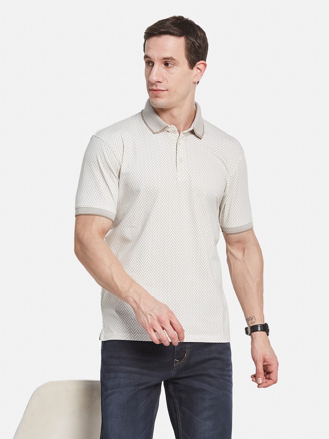AOP MOTIF PRINT POLO NECK SINGLE JERSEY KNIT LYCRA T-SHIRT