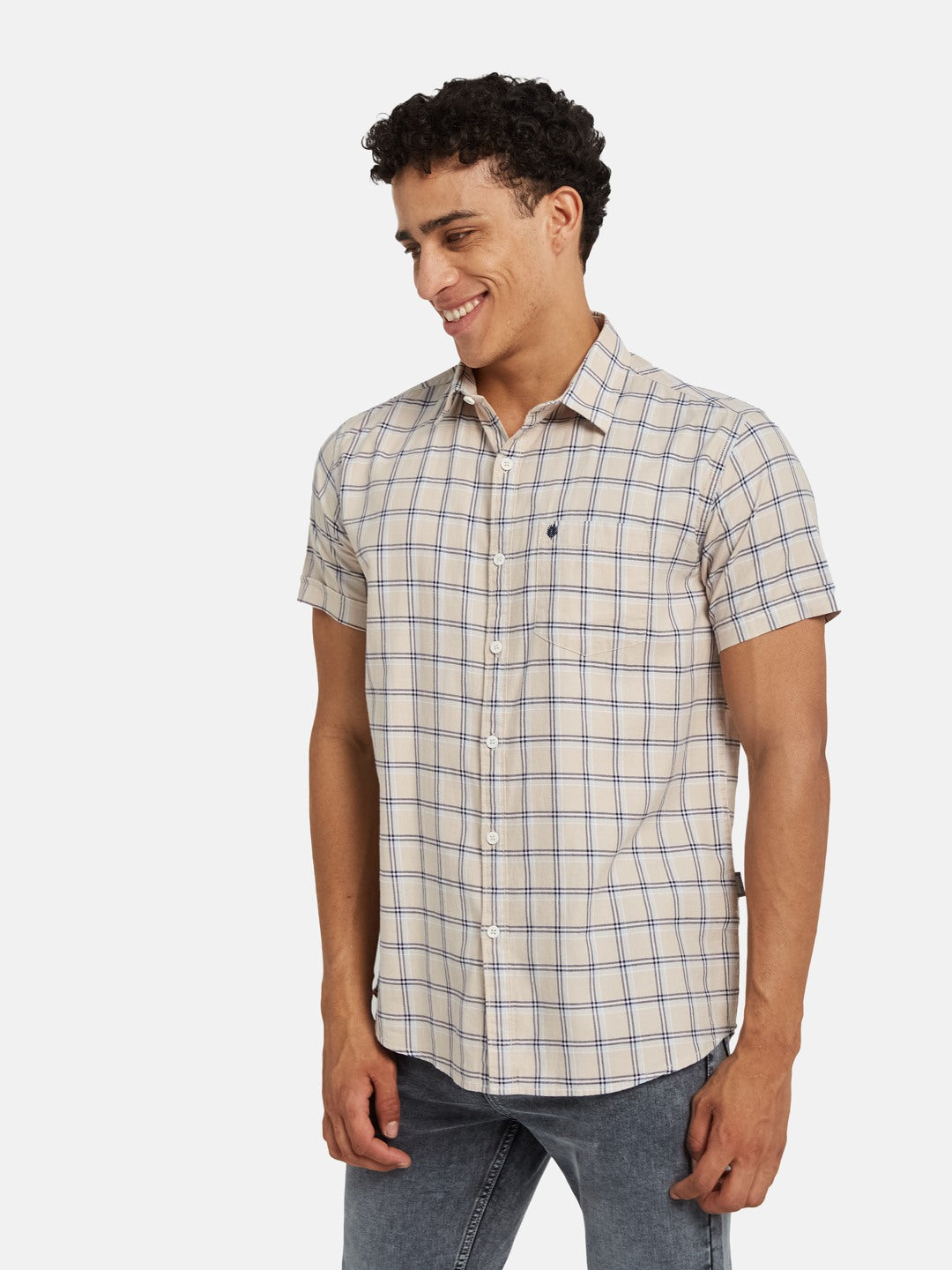 METTLE Checked Short Sleeves Spread Collar Cotton Opaque Regular Fit Casual Shirt