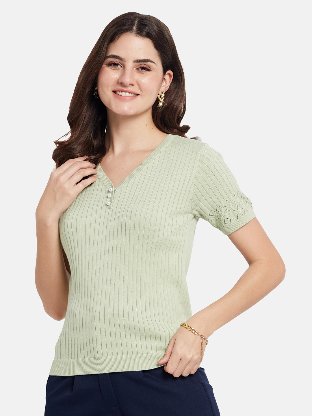 METTLE Self Design Printed V-Neck Cotton T-shirt