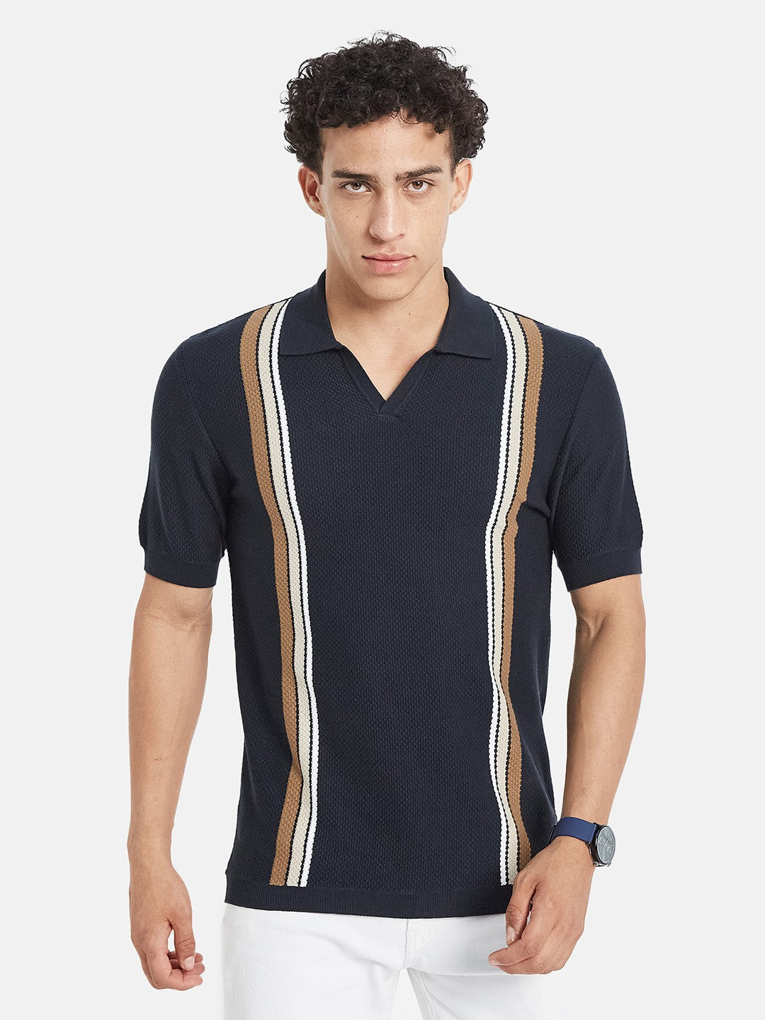 METTLE Men Striped Polo Collar Cotton T-shirt