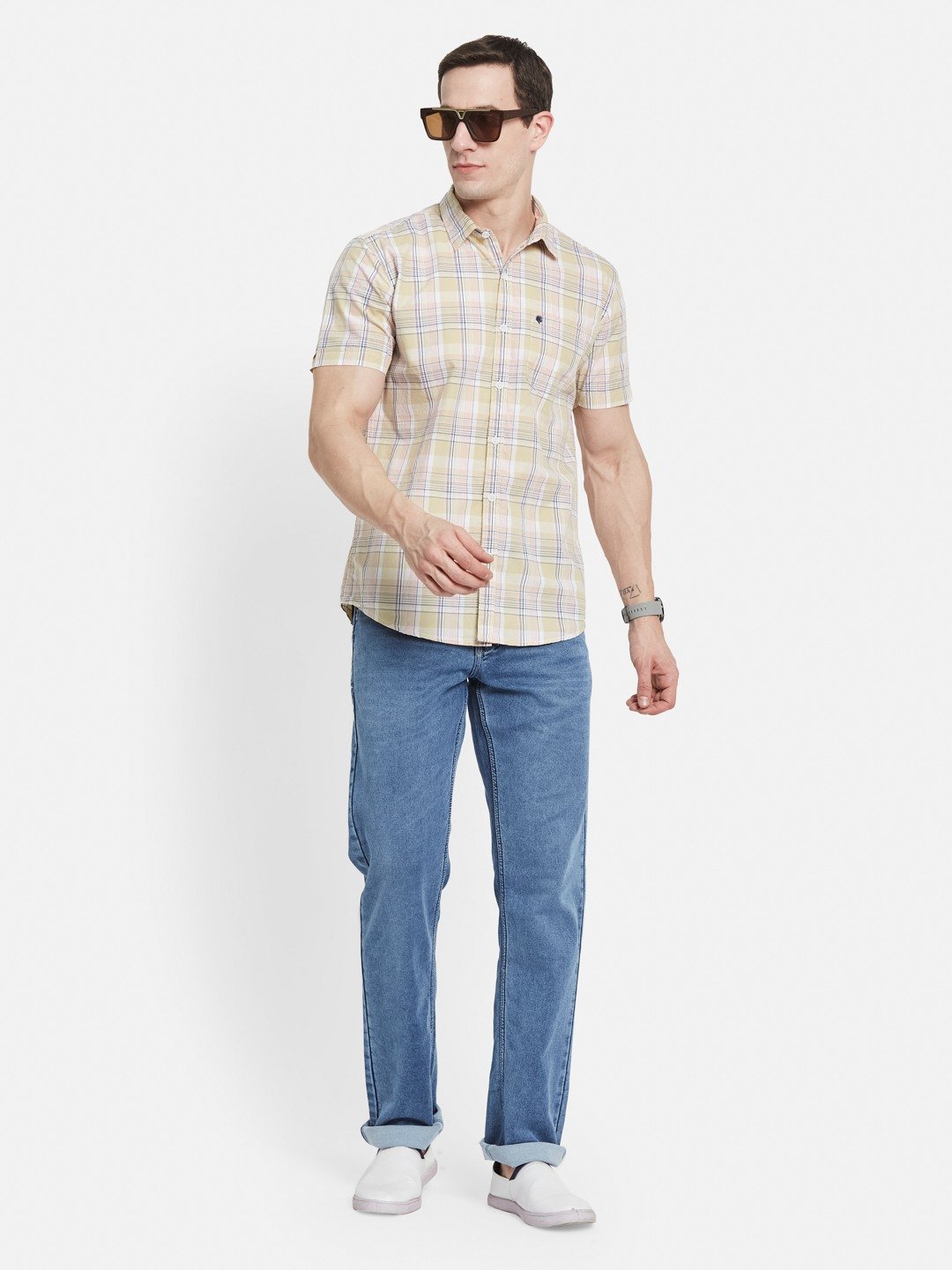 METTLE Men Spread Collar Checked Cotton Casual Shirt