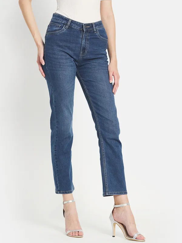 Mettle Women Blue Straight Fit Light Fade Stretchable Jeans
