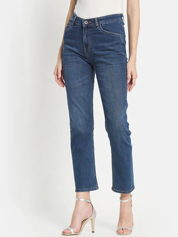 Mettle Women Blue Straight Fit Light Fade Stretchable Jeans
