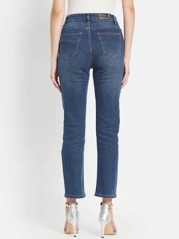 Mettle Women Blue Straight Fit Light Fade Stretchable Jeans