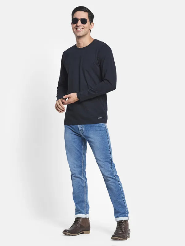 Men Navy Blue Solid Regular Fit T-Shirt