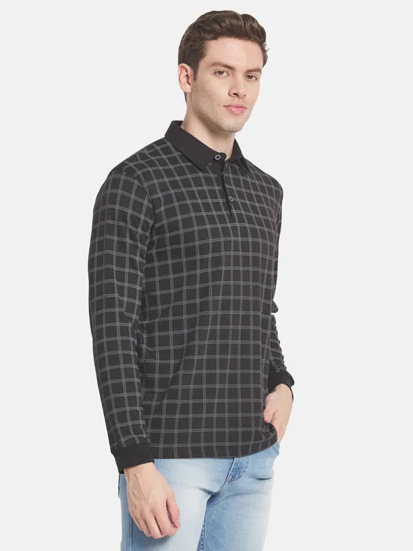 Men Black Checked Polo Collar T-Shirt