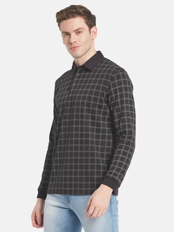 Men Black Checked Polo Collar T-Shirt