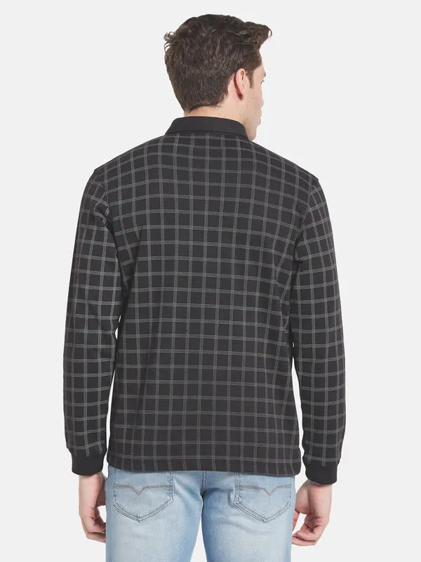 Men Black Checked Polo Collar T-Shirt