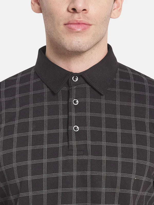 Men Black Checked Polo Collar T-Shirt