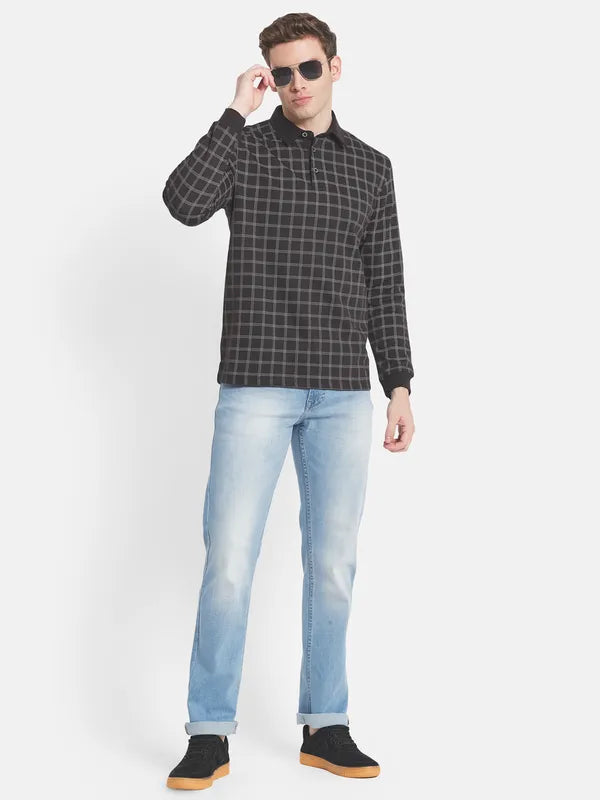 Men Black Checked Polo Collar T-Shirt
