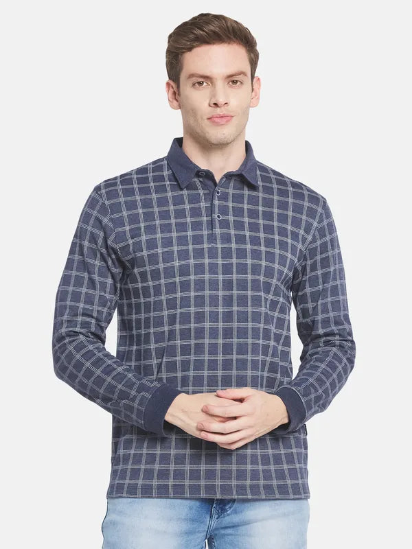 Men Blue Checked Polo Collar T-Shirt