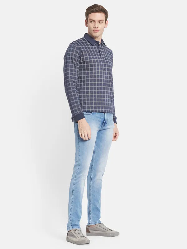 Men Blue Checked Polo Collar T-Shirt