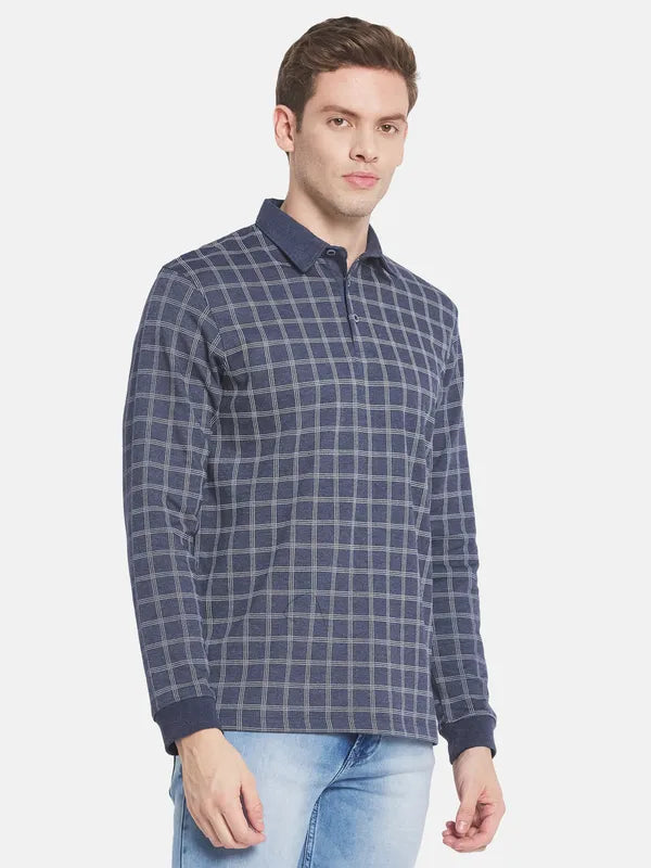 Men Blue Checked Polo Collar T-Shirt