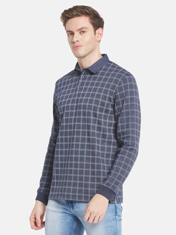 Men Blue Checked Polo Collar T-Shirt