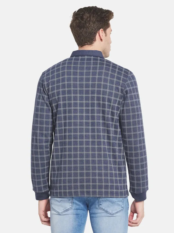 Men Blue Checked Polo Collar T-Shirt
