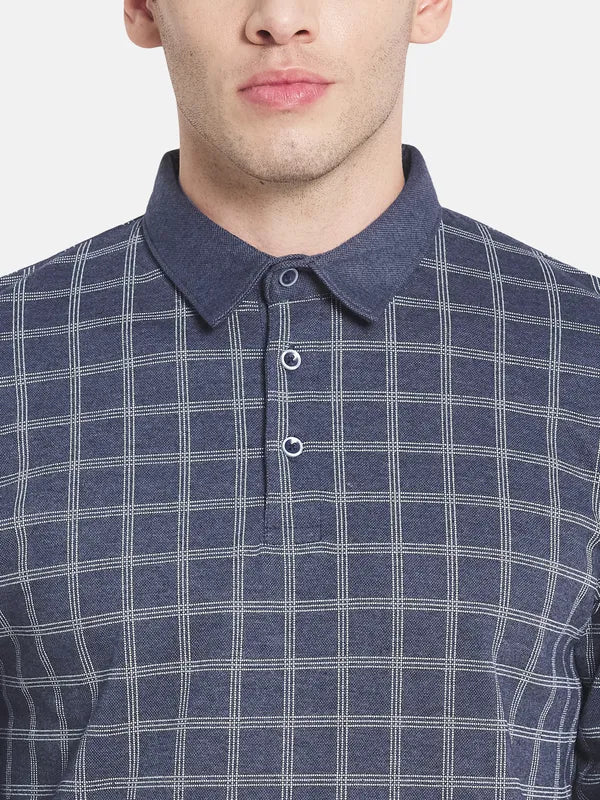 Men Blue Checked Polo Collar T-Shirt