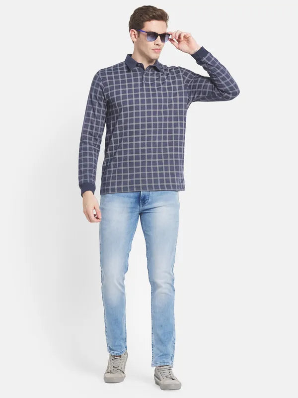 Men Blue Checked Polo Collar T-Shirt