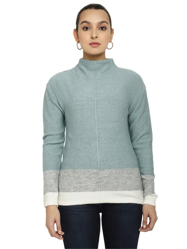 Mettle Women Blue White Colourblocked Colourblocked Pullover