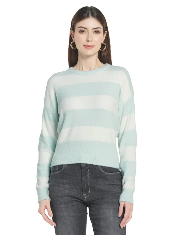 Mettle Women Olive Green  White Striped Striped Pullover