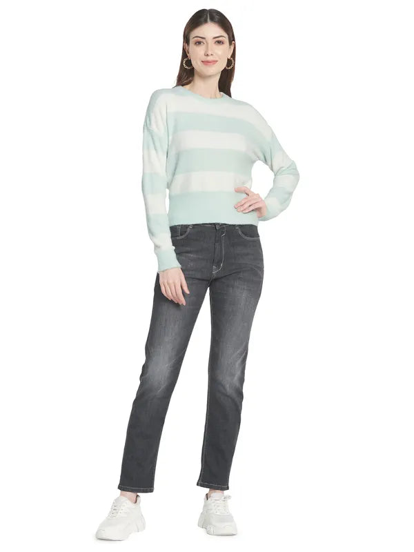Mettle Women Olive Green  White Striped Striped Pullover