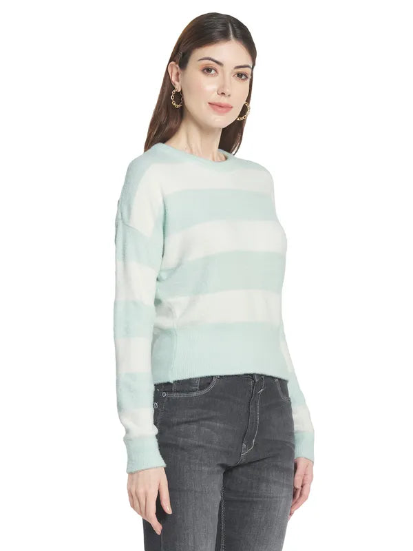 Mettle Women Olive Green  White Striped Striped Pullover