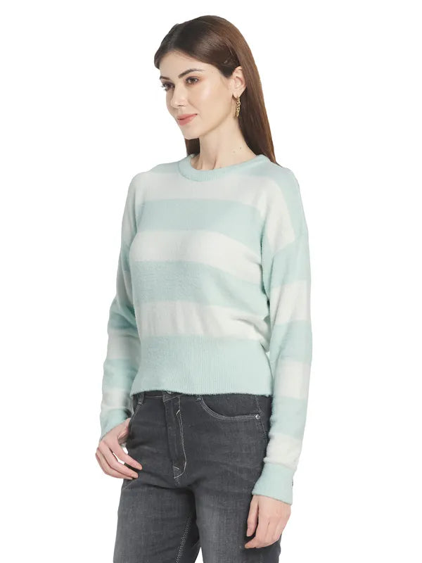 Mettle Women Olive Green  White Striped Striped Pullover