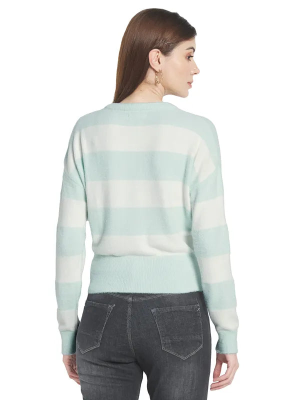 Mettle Women Olive Green  White Striped Striped Pullover