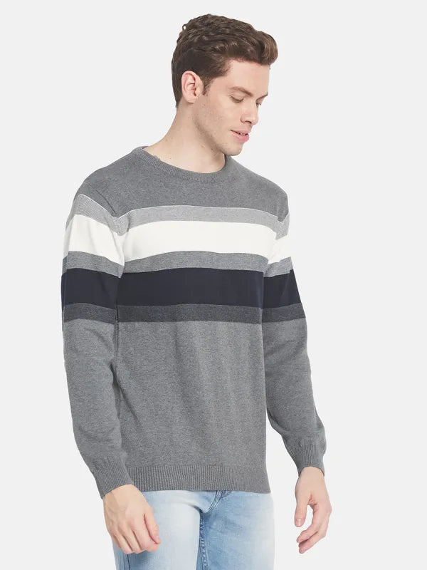 Men Grey White Striped Pullover