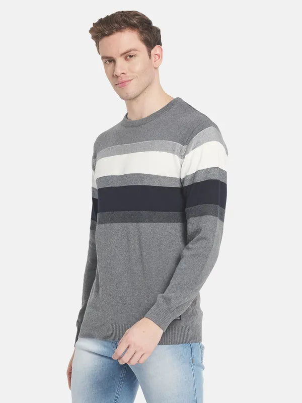 Men Grey White Striped Pullover