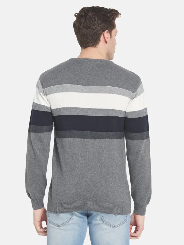 Men Grey White Striped Pullover