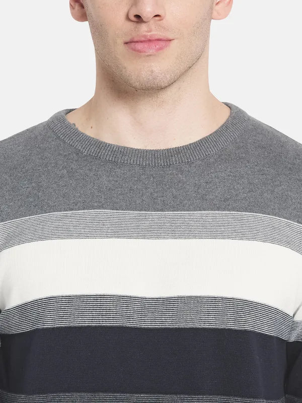 Men Grey White Striped Pullover