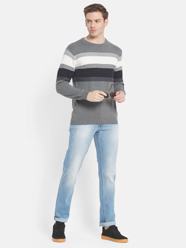 Men Grey White Striped Pullover