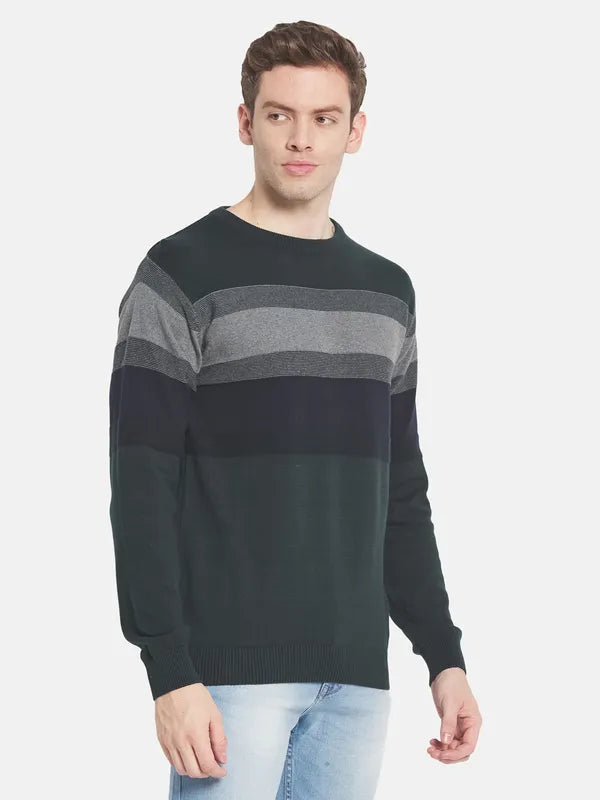 Men Green Grey Striped Pullover