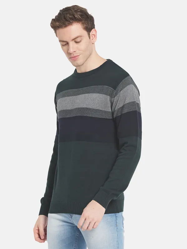 Men Green Grey Striped Pullover