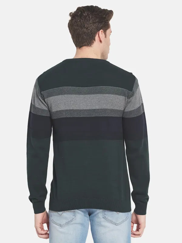 Men Green Grey Striped Pullover