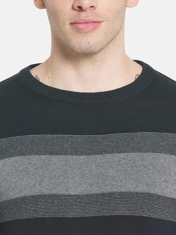 Men Green Grey Striped Pullover