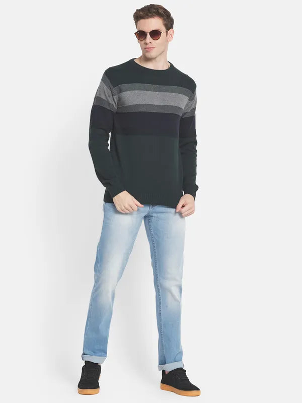 Men Green Grey Striped Pullover