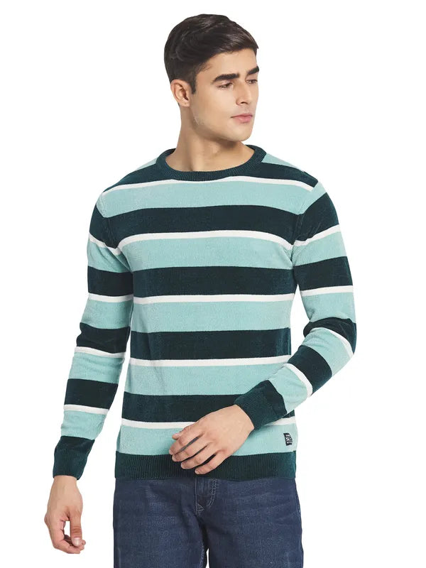 Mettle Men Blue White Colourblocked Striped Pullover