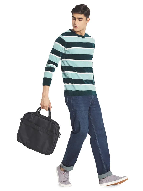 Mettle Men Blue White Colourblocked Striped Pullover