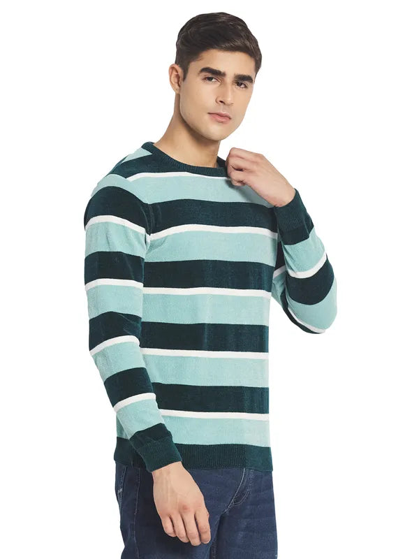 Mettle Men Blue White Colourblocked Striped Pullover