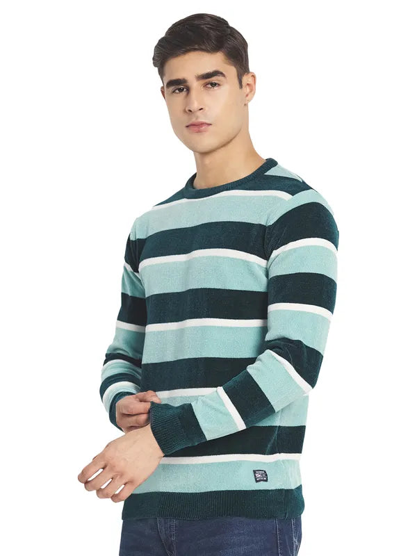 Mettle Men Blue White Colourblocked Striped Pullover