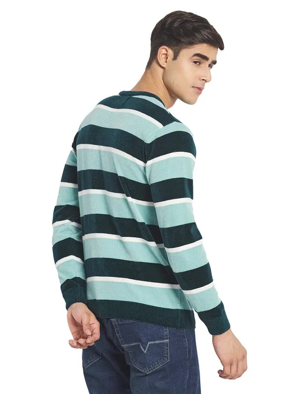 Mettle Men Blue White Colourblocked Striped Pullover