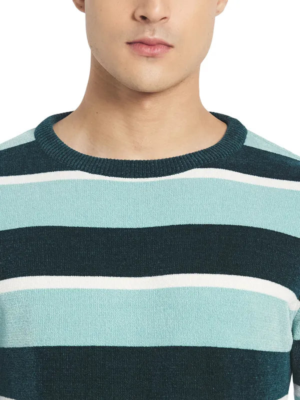 Mettle Men Blue White Colourblocked Striped Pullover
