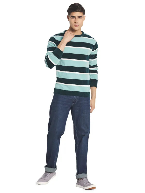 Mettle Men Blue White Colourblocked Striped Pullover