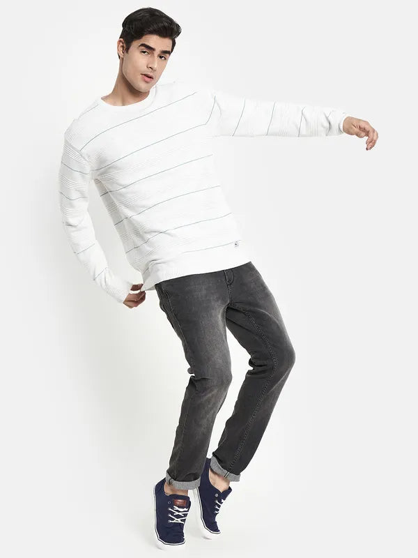 Men White Striped Long Sleeves Pullover