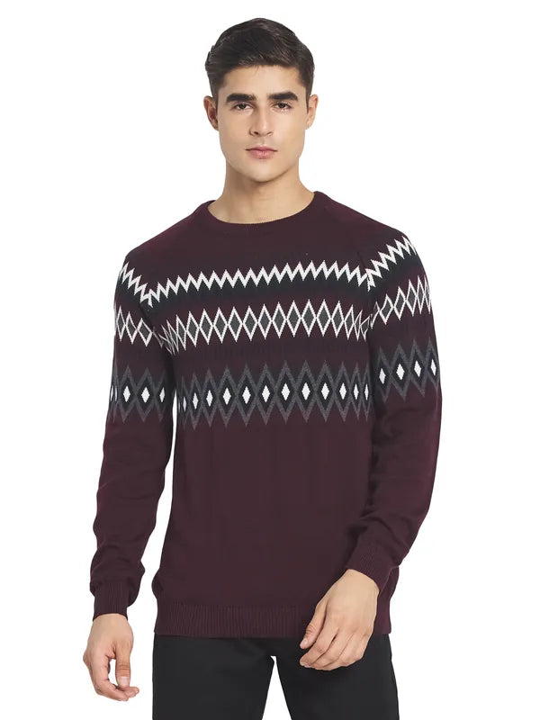 Mettle Men Maroon  White Cotton Pullover