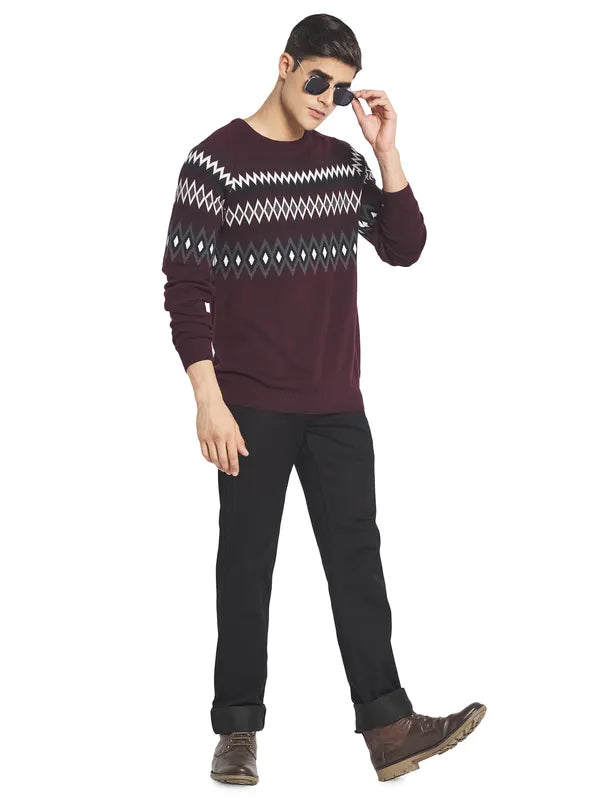 Mettle Men Maroon  White Cotton Pullover