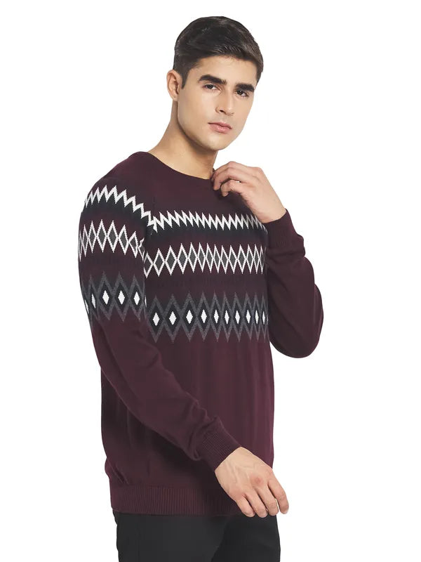 Mettle Men Maroon  White Cotton Pullover