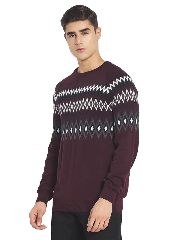 Mettle Men Maroon  White Cotton Pullover