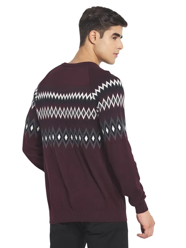 Mettle Men Maroon  White Cotton Pullover
